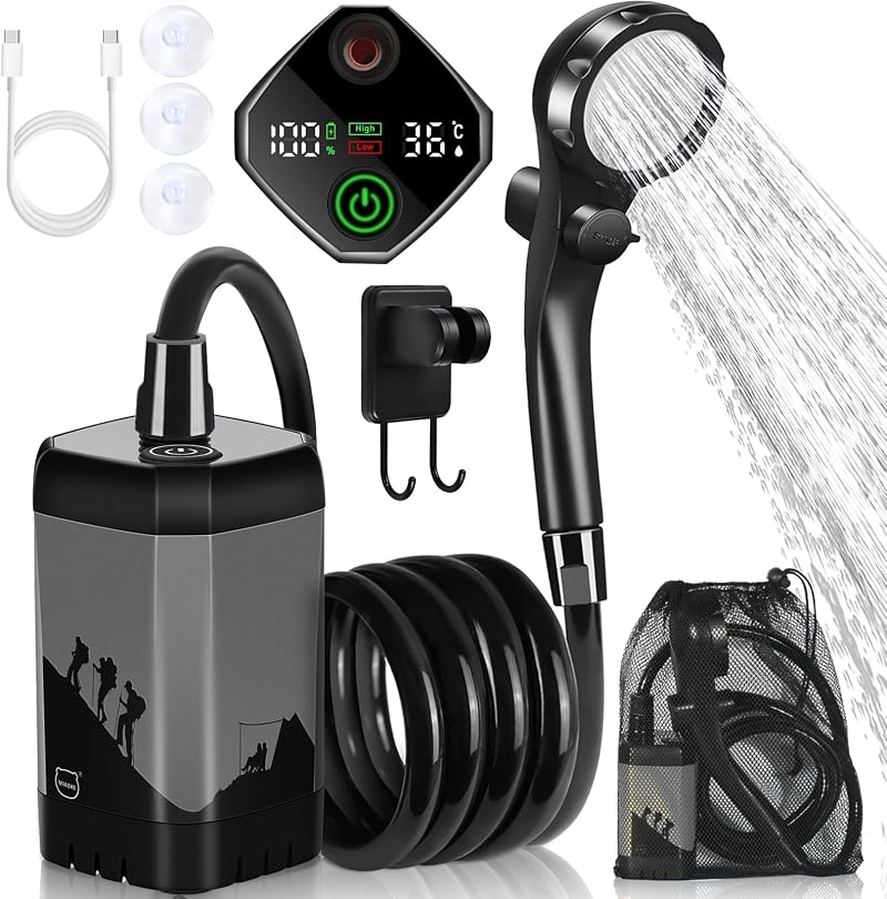 MIAOKE Portable Camping Shower 7800mAh with Digital Temp Display Grey