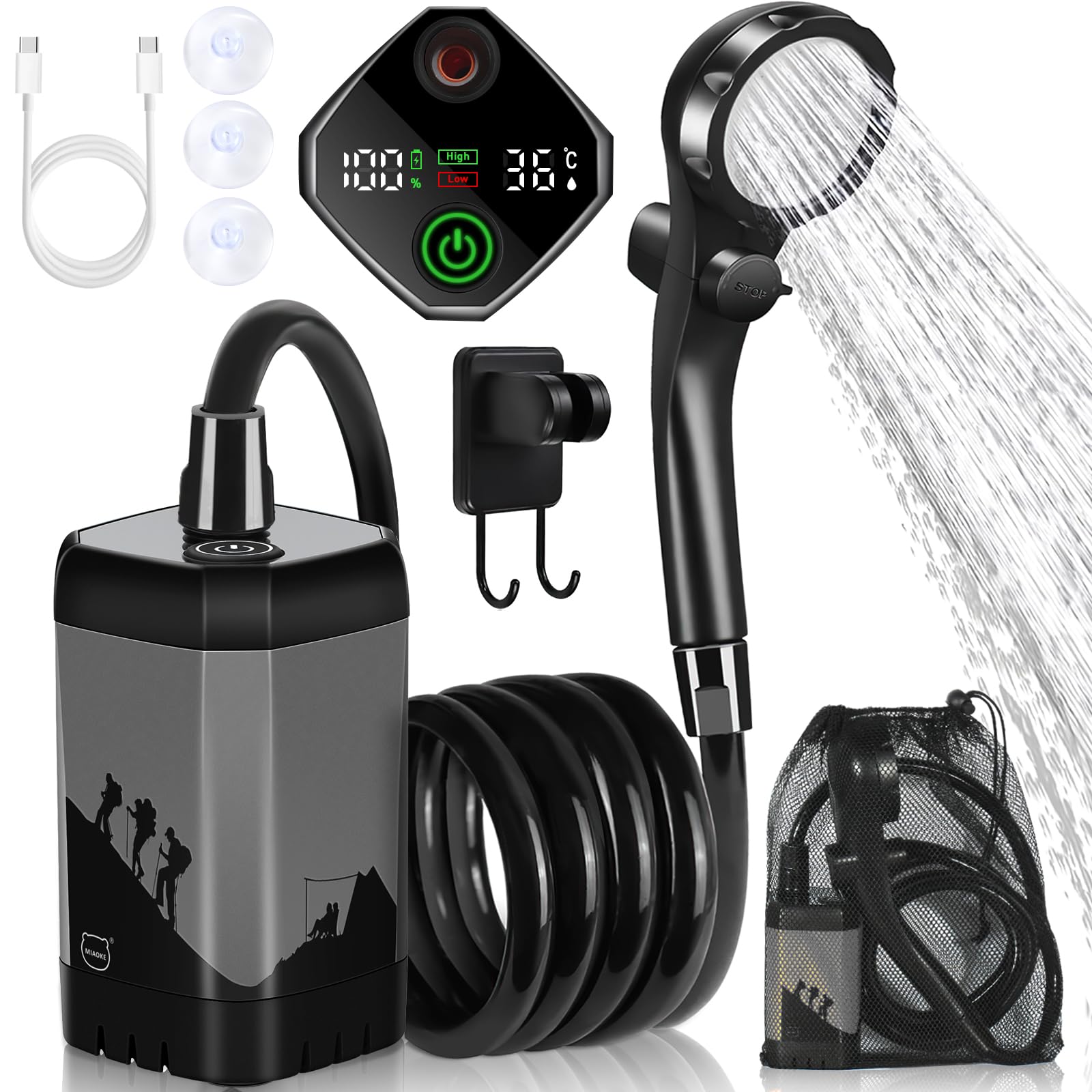 MIAOKE Upgrade Portable Camping Shower, 7800mAh Outdoor Electric Shower Rechargeable Pump with Intelligent Digital Display Temperature Display Shower Head for Camping, Hiking, Traveling/Grey
