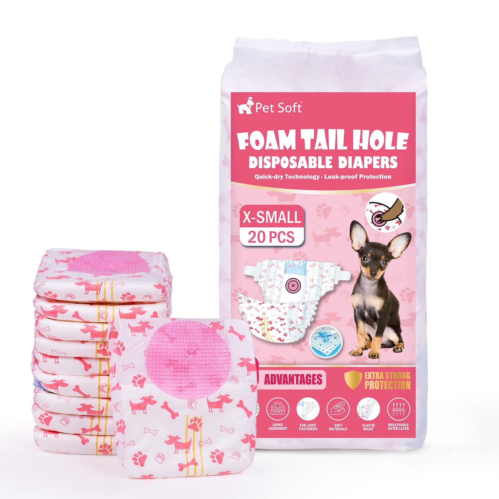 Pet Soft Dog Nappies Female, 20 Count Disposable Dog Pants Female Xsmall, Super Absorbent Disposable Dog Diapers for Girl Dogs in Season/Heat/Incontinence with Adjustable Tail Hole (XS 20Count)