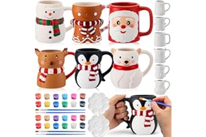 Zubebe 6 Sets Christmas Paint Your Own Mugs Craft Kit Xmas Ceramic to Paint, Santa Elk Snowman Penguin Gingerbread Man Polar Bear DIY Mugs for Adults with Painting Set Family Xmas Craft Office Gift