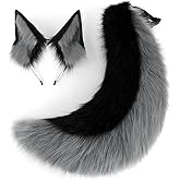 Faux Fur Wolf Ears Headband & Furry Tail Set Realistic Wolf Costume Accessories for Halloween, Cosplay,Parties