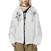Kelxjia Zip Up Hoodies Y2k Jacket Graphic Gothic Jackets Grunge Cross Hoodie Baggy Streetwear Emo Sweater Aesthetic Clothes