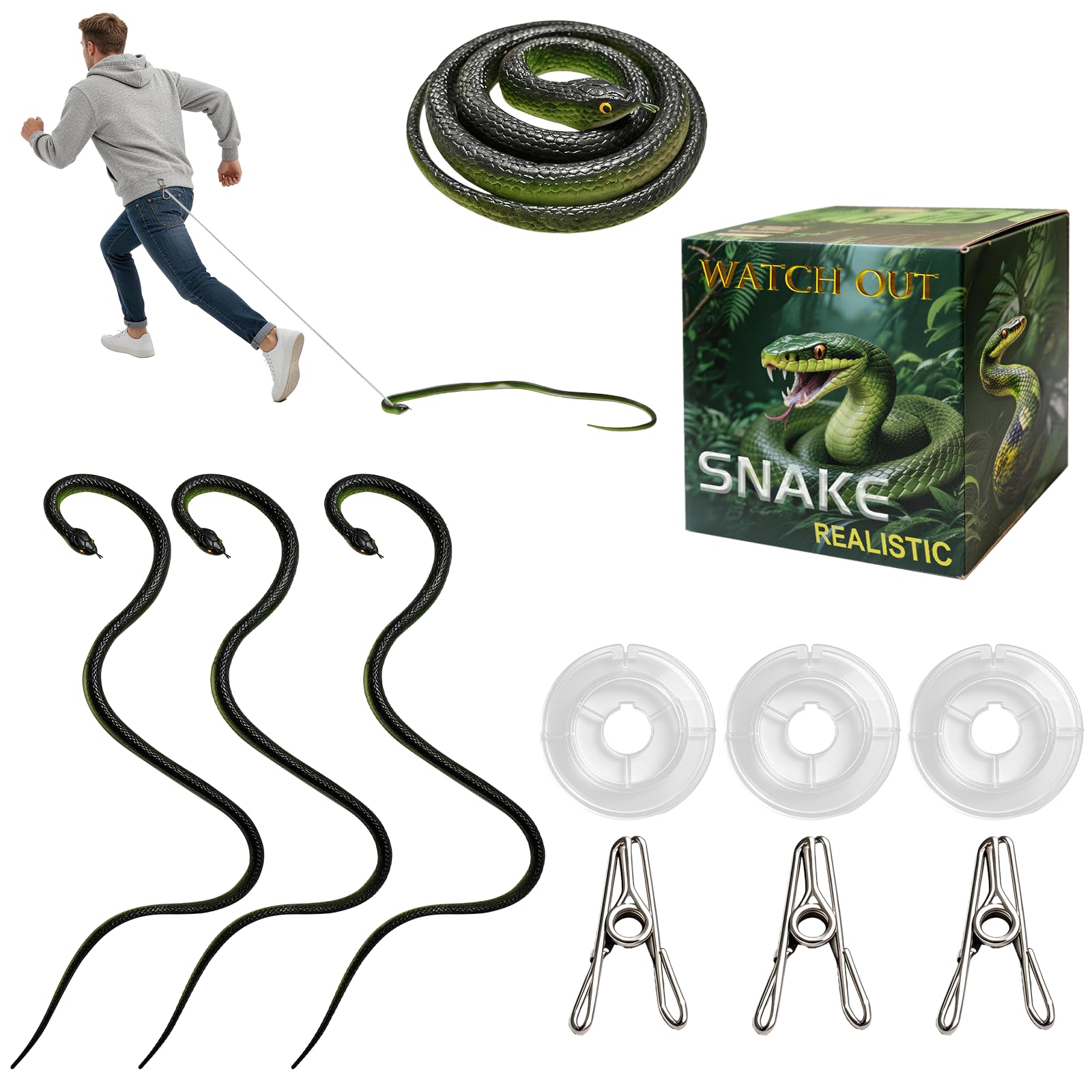 April Fools Pranks Fake Snake, 3Pcs Rubber Snake Artificial Snake Toys for Adults, 80cm Realistic Joke Snakes Prank, Fake Snakes on String Kit, Snake Is Following U for Adults
