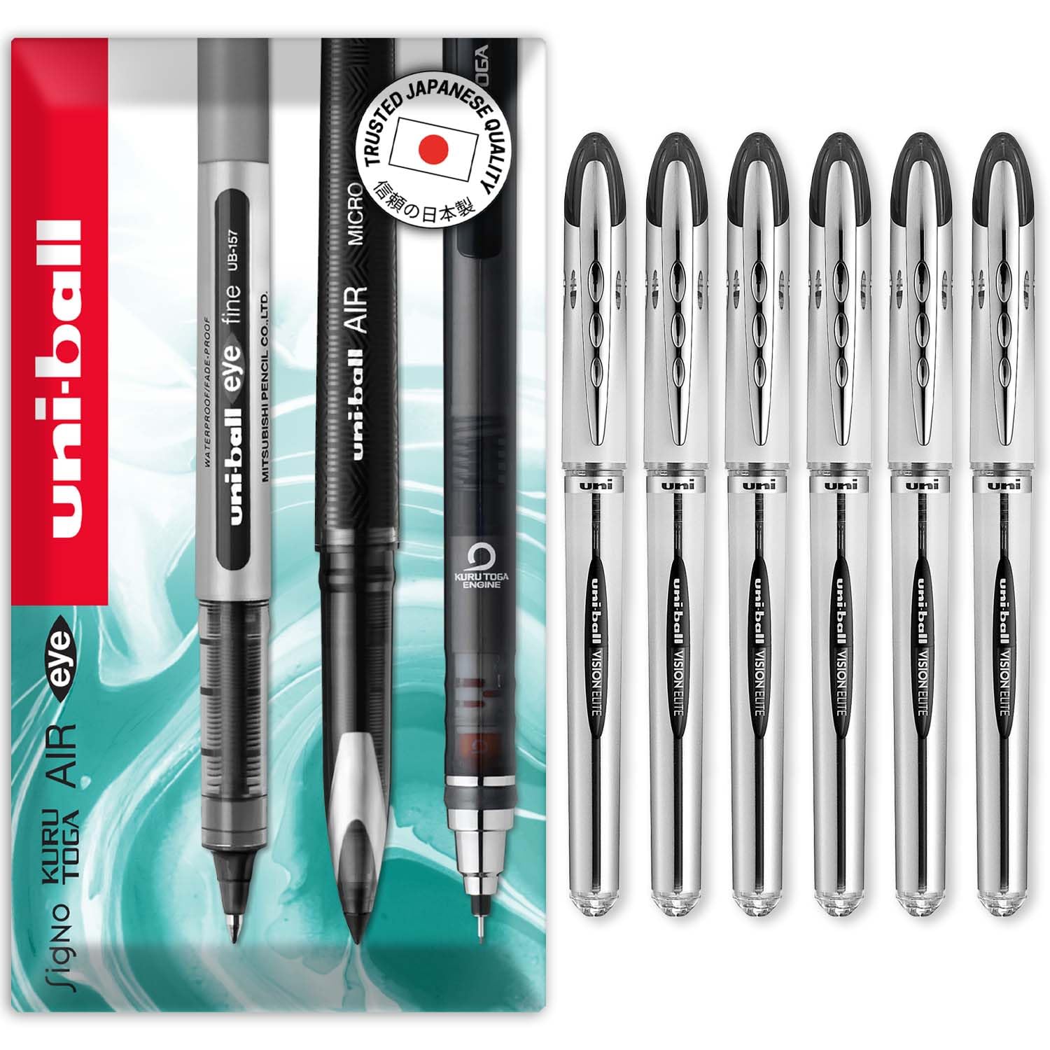 uni-ball Vision Elite - 0.8mm Nib Medium Rollerball Pen - UB-200 - In Envelope Gift Packaging (Pack of 6, Black)