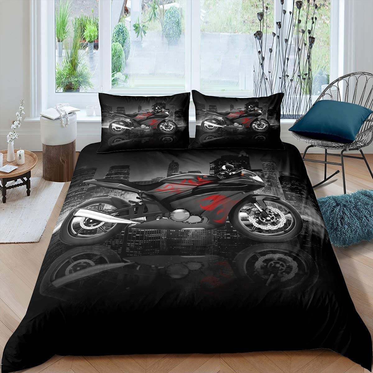 Homemissing Men Motorcycle Bedding Set Cool Black Red Motorbike Bedding & Linen for Kids Boys Teens Extreme Sports Duvet Cover Modern City Building Motocross Style Single Size — image 1