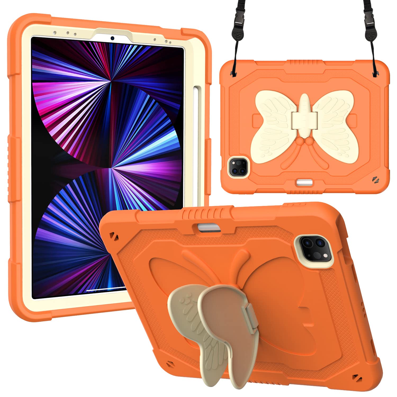 Compatible with iPad 7th 10.2 (2019), 3D Heavy Duty Hard Rugged Protective Case Cartoon Cute Butterfly Wings Stand Shockproof Silicone Case with Stand for Kids (Rice Kumquat)