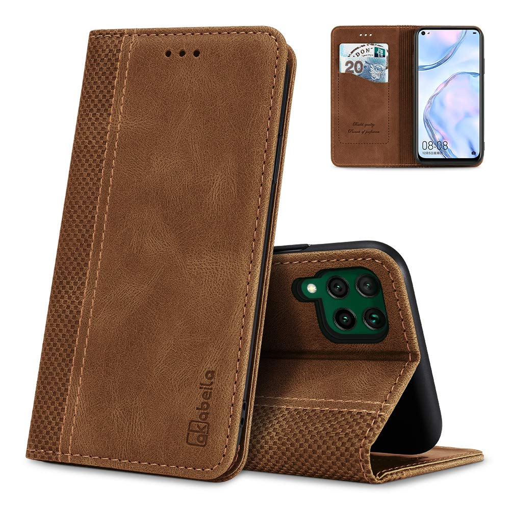 AKABEILA Case for Huawei P40 Lite 4G Premium Leather Flip Wallet Case with Magnetic Closure Kickstand Card Slots Folio Phone Cover Protective Screen Protector Holster Shell Shockproof Light Brown