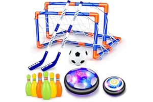 YIDJOFJ Hover Hockey Set for Kids, 4-in-1 Hover Soccer Ball Bowling Toy Set, Rechargeable Air Floating Soccerr Hockey Ball with LED Light, Indoor Outdoor Sport Games for Boys Girls 3-12 Years Old