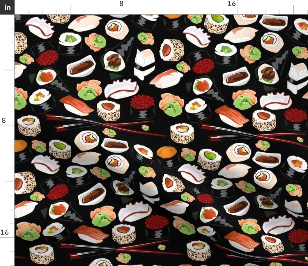 Spoonflower Fabric - Black Sushi Japanese Food Japan Printed on Petal Signature Cotton Fabric by The Yard - Sewing Quilting Apparel Crafts Decor