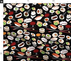 Spoonflower Fabric - Black Sushi Japanese Food Japan Printed on Petal Signature Cotton Fabric by The Yard - Sewing Quilting Apparel Crafts Decor
