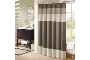 Madison Park Amherst Bathroom Shower Curtain Faux Silk Pieced Striped Modern Microfiber Bath Curtains, 72x72 Inches, Natural