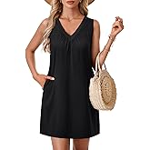 LYANER Women's V Neck Ruched Sleeveless Side Pocket Loose Fit Weekend Mini Dress
