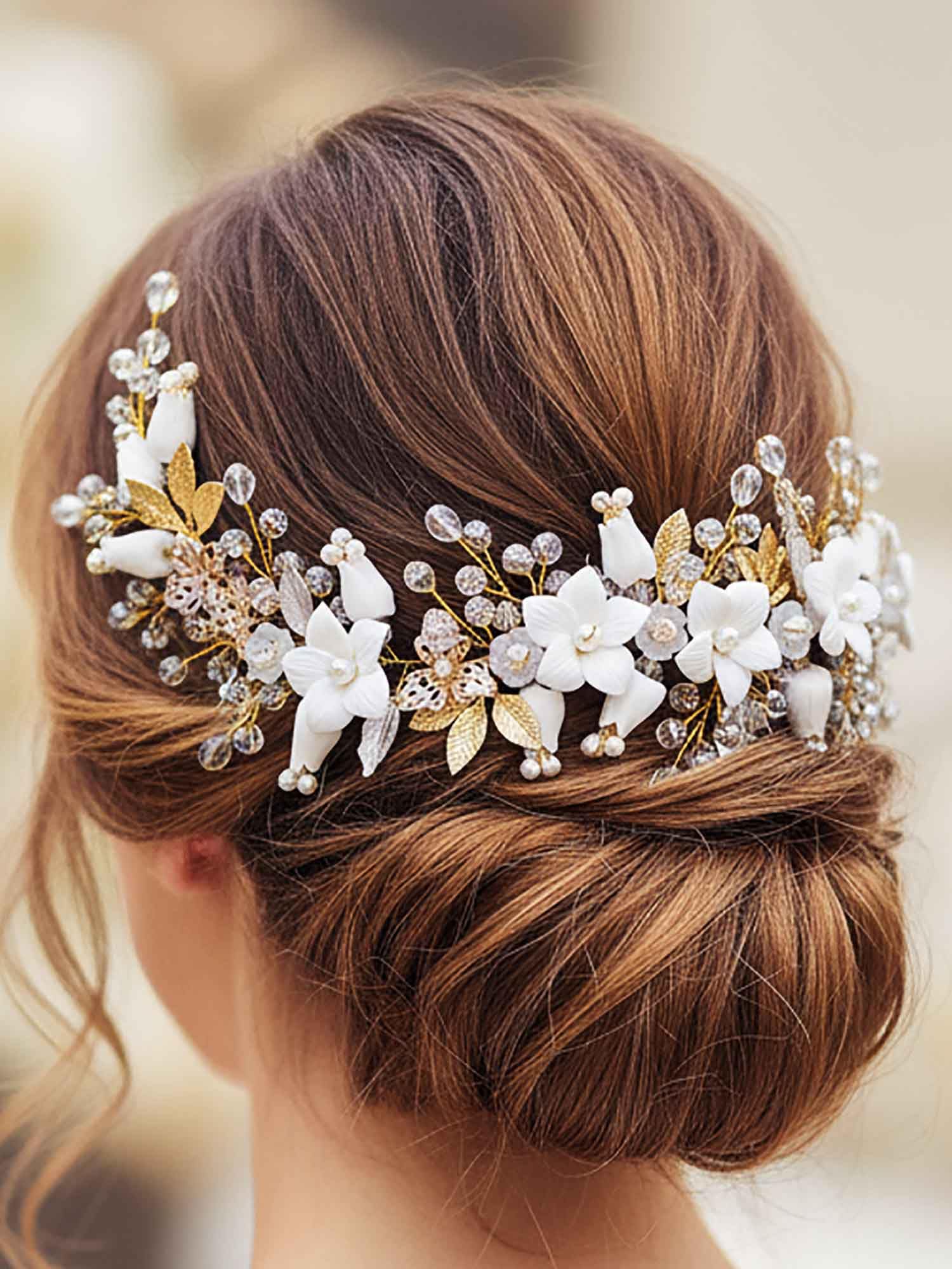 IYOU Bridal Wedding Hair Vines Gold Flower Headpiece Crystal Leafs Bride Bridesmaid Hair Accessories for Women and Girls