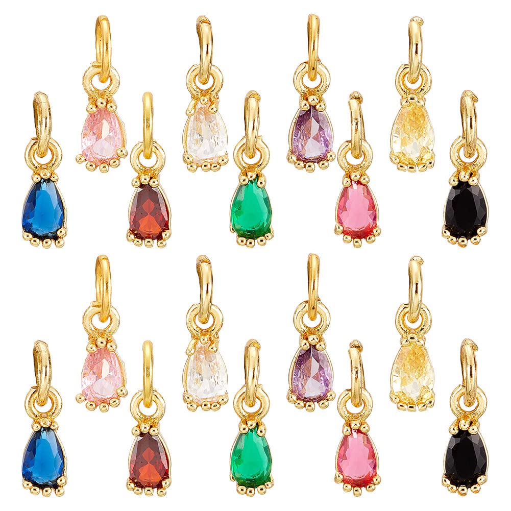 AHANDMAKER 18 Pcs Cubic Zirconia Teardrop Pendants Charms, 9 Colors Teardrop Charms 18K Gold Plated Brass Pendants, Tiny Dangle Charms for Valentine Necklaces Bracelets Earrings DIY Jewelry Making