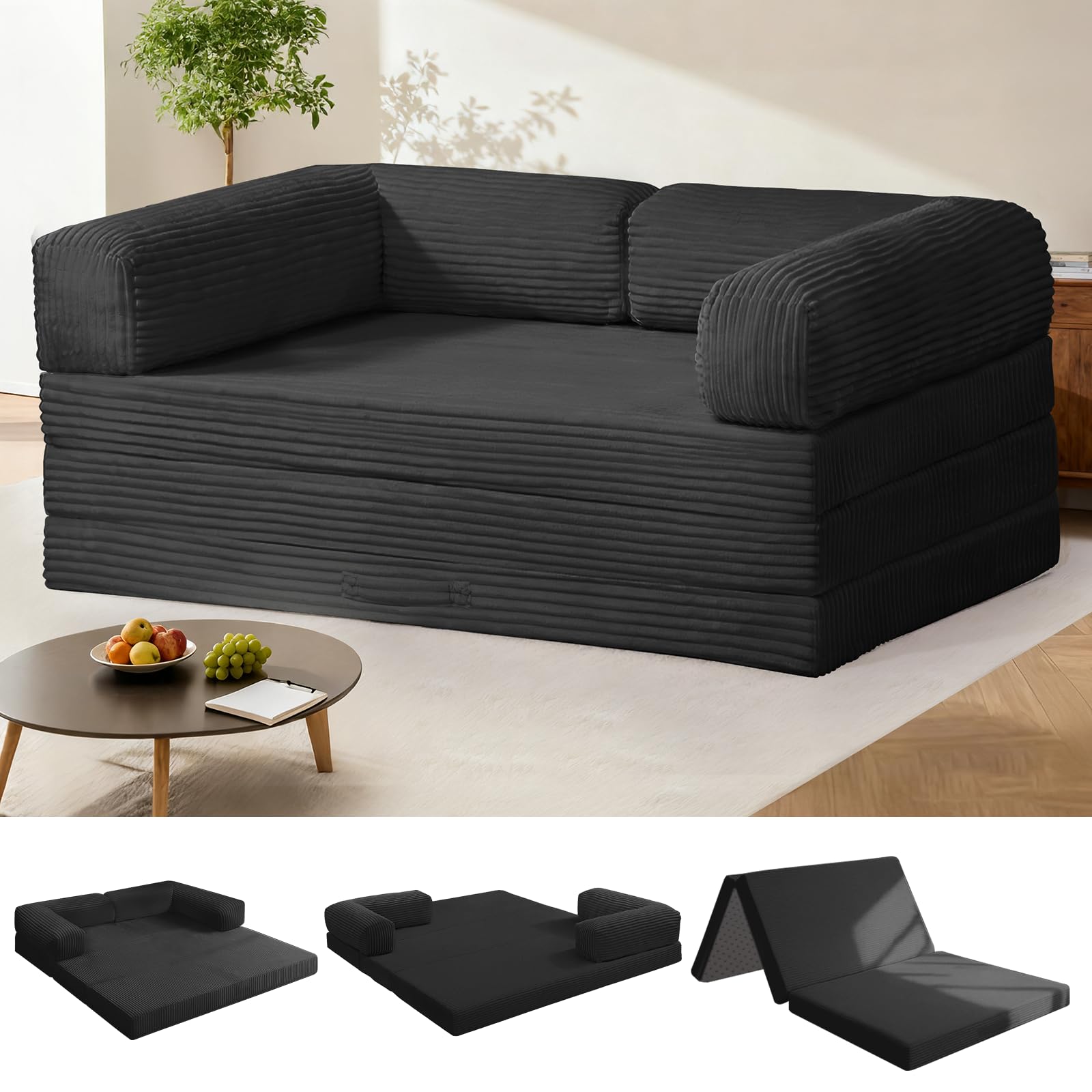 Photo 1 of (broken zipper/out of box)  Tri-Fold Foldable Mattress, Convertible Folding Sofa Bed with Removable Arms & Washable Cover, All-in-One Portable Mattress Floor Sofa Bed, No Assembly Required & Non-Slip, Queen Size, Black