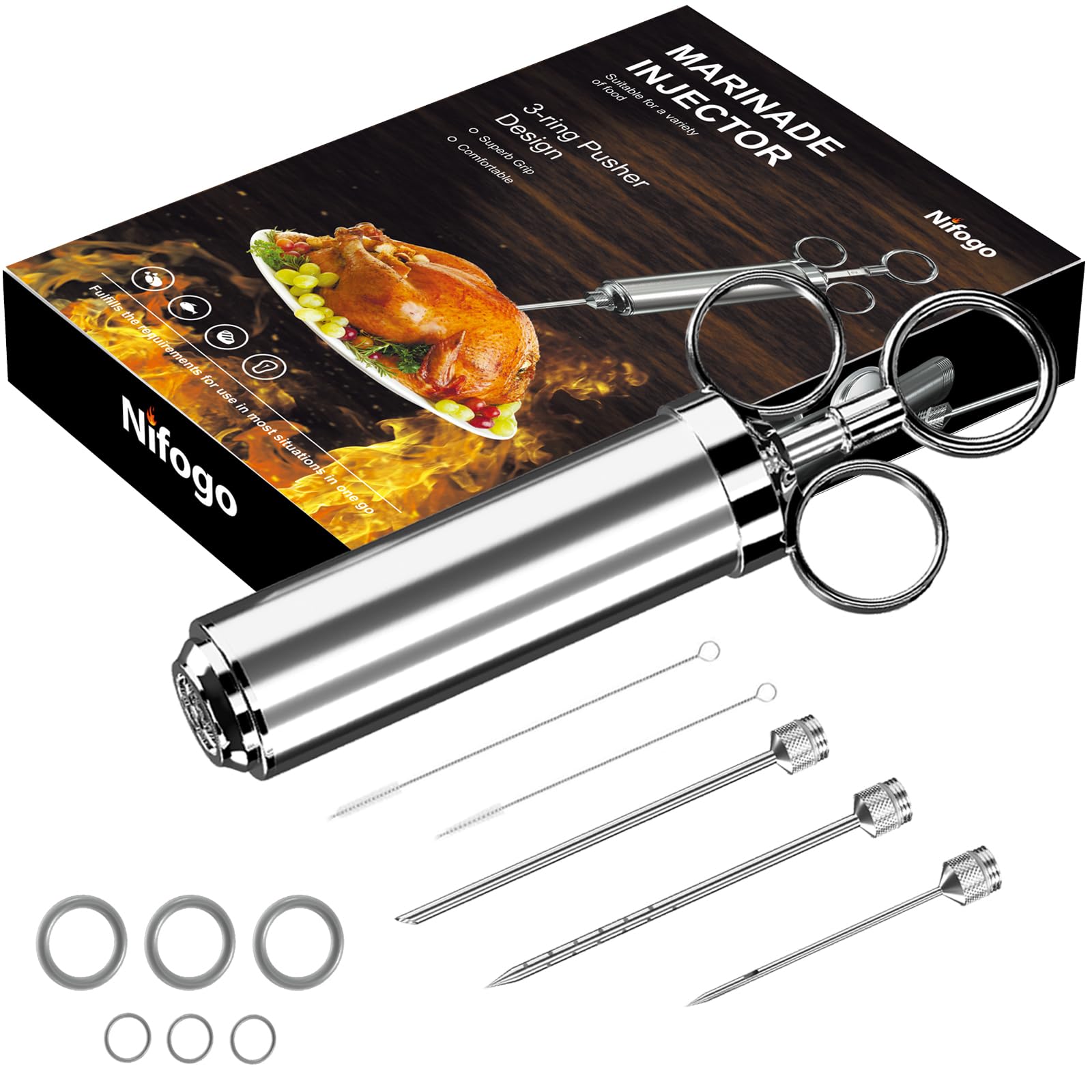 Meat Injector, 304 Stainless Steel Seasoning Injector, Professional Marinade Injector with 3 Professional Marinade Needles and 2 Cleaning Brush, 60ml Large Capacity (Silver)
