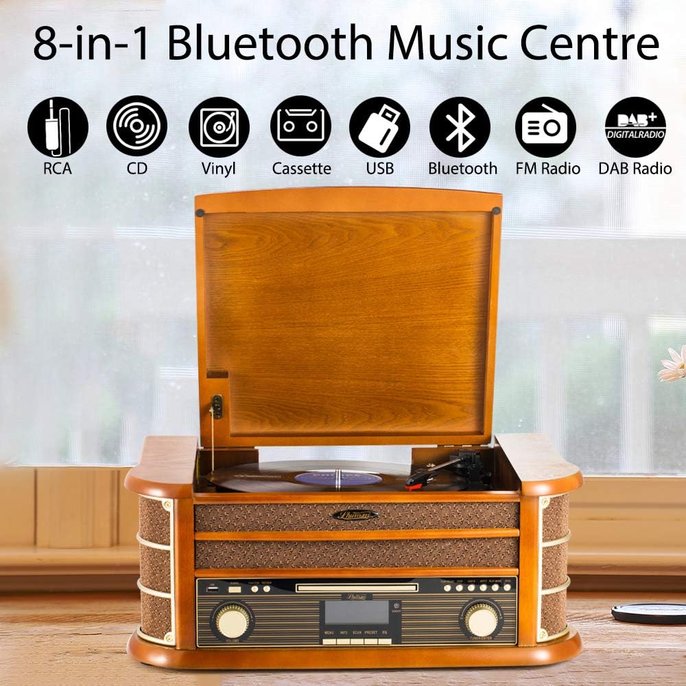 Shuman Vintage 9-in-1 Wireless Music Centre with Remote Control, DAB Digital/FM Radio, 3-Speed Turntable, CD/Cassette Player - Image 3