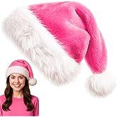 JazSwirl Pink Santa Hat for Adults, Soft Plush Christmas Hat with White Trim, Cute Pink Christmas Hats for Women and Men, Fun Holiday Party, Office Celebration & Winter Costume Accessory
