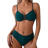 SweatyRocks Women's Two Piece Bikini Set Ring Linked Ruched Underwire Bikini Bathing Suit Swimwear Set Swimming Suit