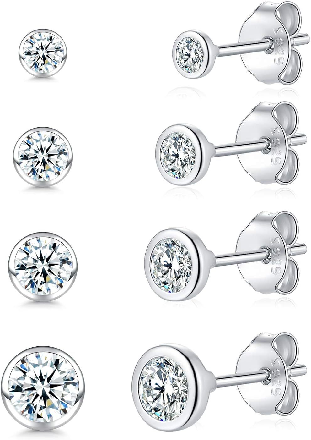 Small Stud Earrings for Women Men Girls- 4 works of Tiny Round Cubic Zirconia Sterling Silver Post Earrings CZ Small Cartilage Tragus Earrings(2/3/4/5mm)