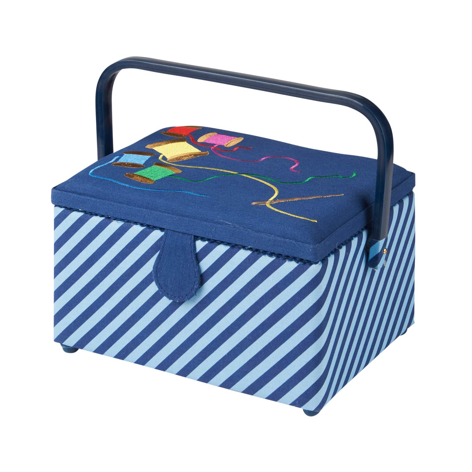 Medium Sewing Box with Compartments in a Striped Blue Fabric with a Rainbow Embroidered Sewing Thread Lid. 18.5 x 26 x 15cm. Sewing Online GA1120M