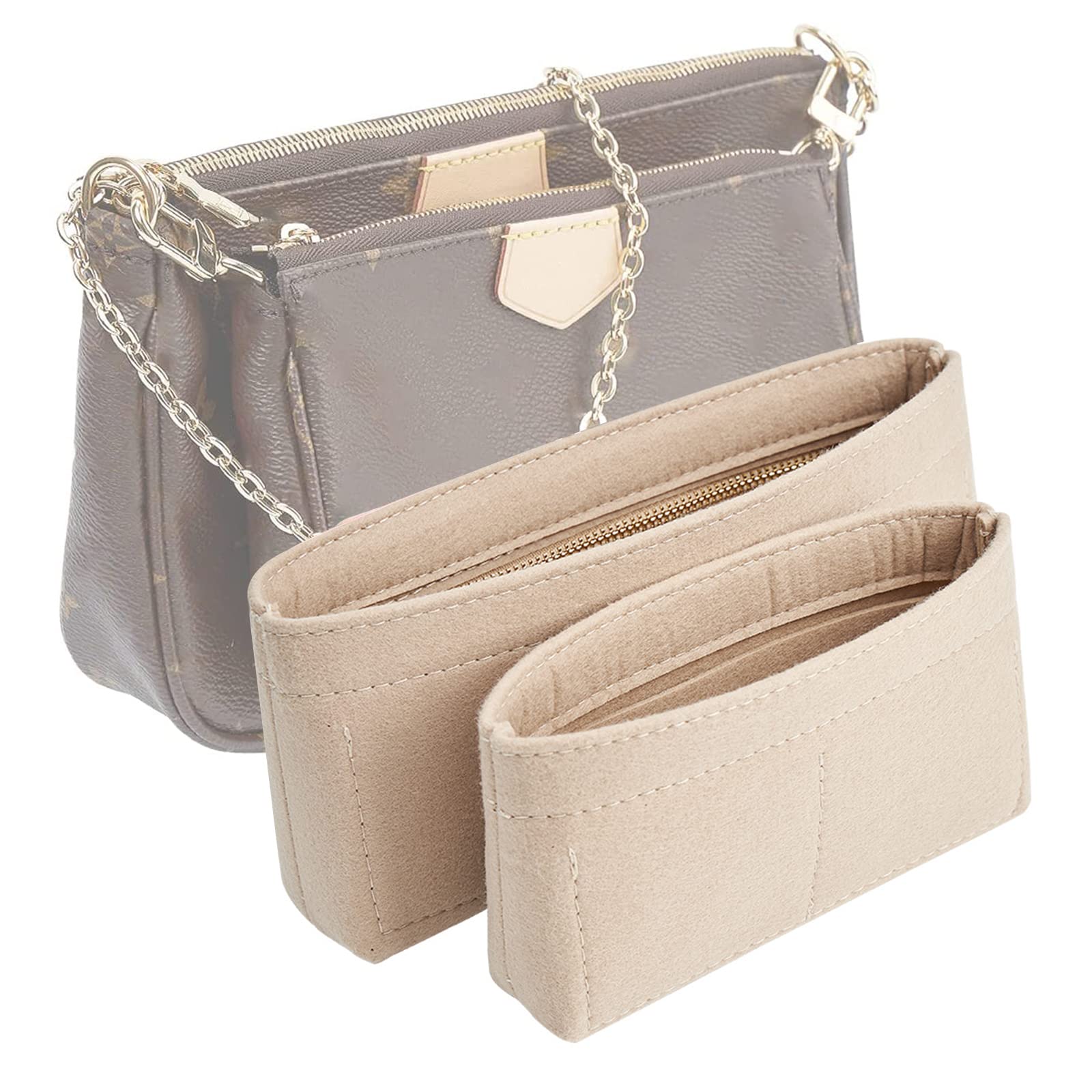 Photo 1 of Vercord Felt Purse Organizer Insert Pochette Handbag Insert Bag in Bag for Multi Pochette Accessories Add Zipper Pocket Beige