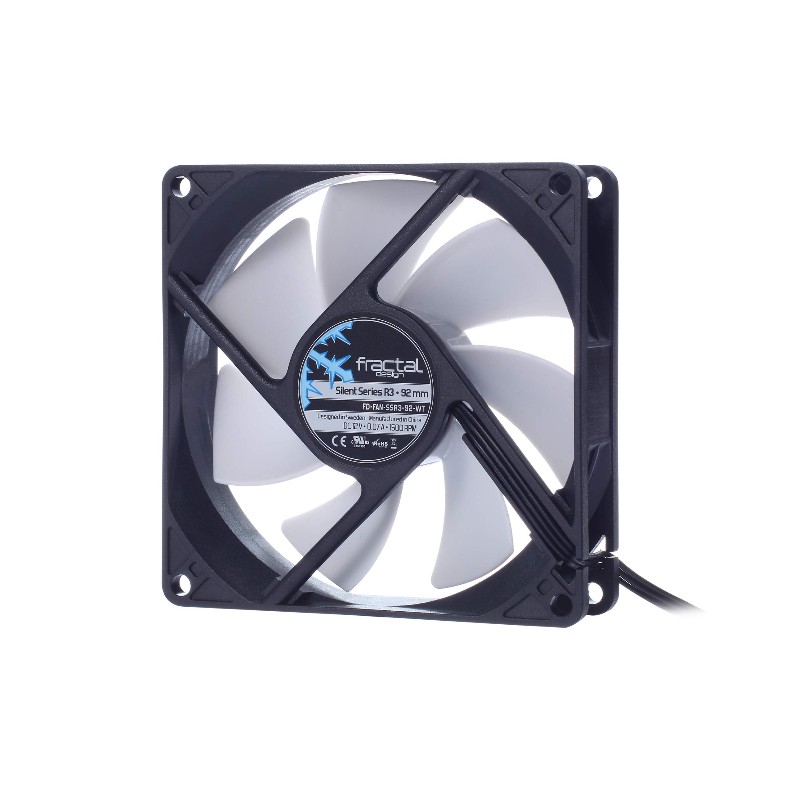 Fractal Design Silent Series R3 White - Silent computer fan - Optimized for quiet operation - 92 mm - Rotational speed 1500 RPM - Black ribbon cable - Rifle bearings - 12v - Black/White (Single)