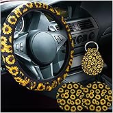 4PCS Sunflower Car Accessories Set, Universal 14-15 Inch Steering Wheel Cover & Quarter Keyring & 2 Cup Holder Coasters, Fashionable Car Interior Decoration for Women Men (Sunflower)