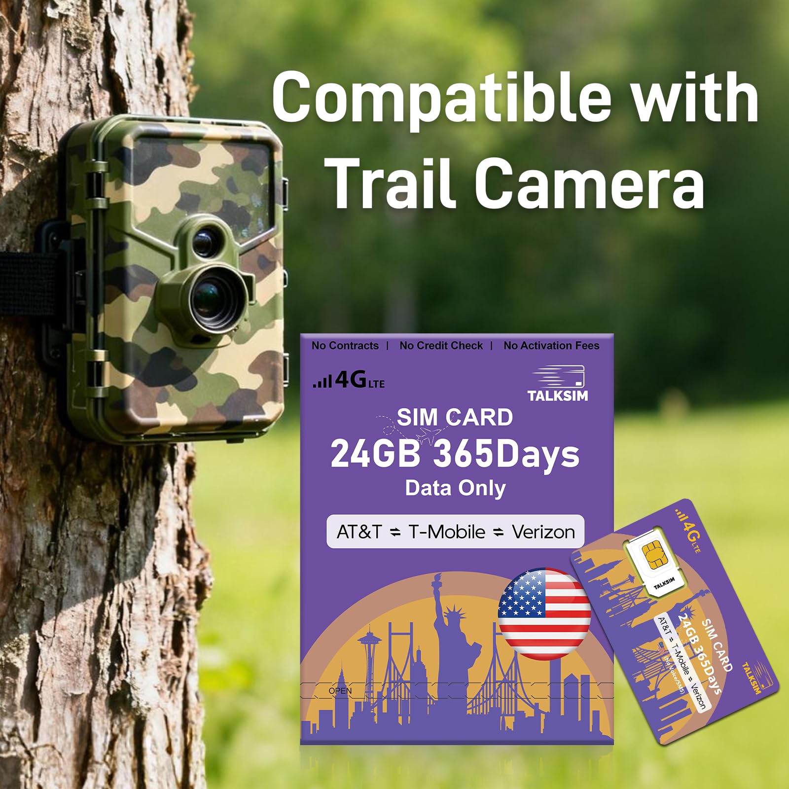 TALKSIM Data SIM Card 24GB 365Days, 4G LTE USA Data Only SIM Card Support AT&T, T-Mobile and Verizon Network, Compatible with Unlocked Security Camera/Trail Hunting/WiFi Mobile Hotspot, No Contract