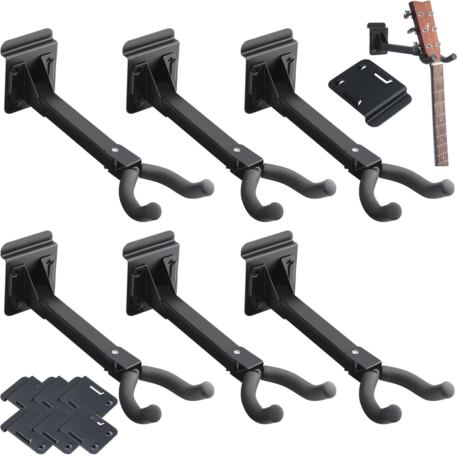 Photo 1 of Therwen 6 Pcs Guitar Hanger Wall Mount Guitar Hangers Hooks Holders with Slat Adapter 180° Adjustable Black Hook Stand Wall Mount for Acoustic Electric Bass
