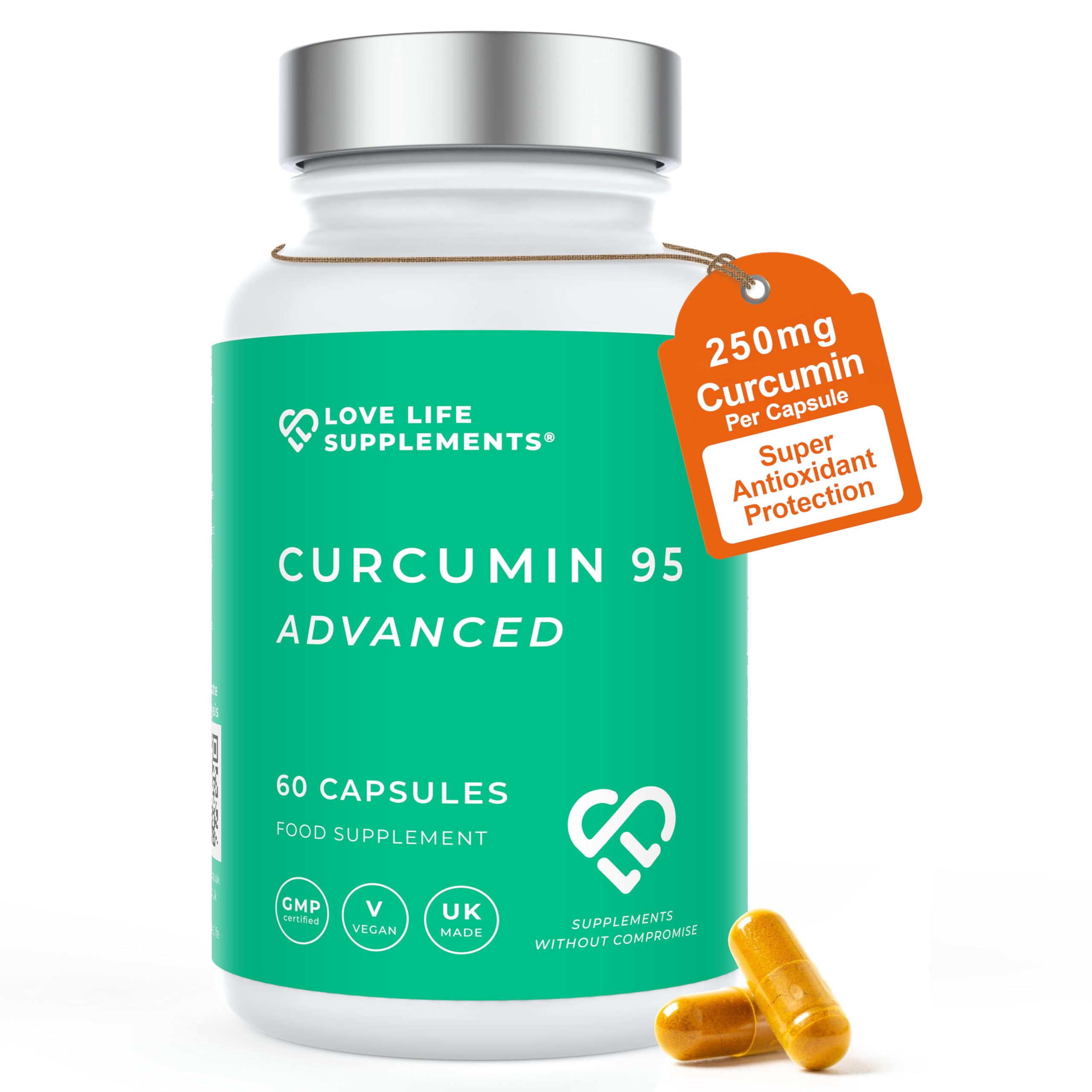 Curcumin 95 Advanced, 60 Capsules, High Strength Curcumin (The Active Component of Turmeric) with 95% Curcuminoids + BioPerine® (Black Pepper Extract), Vitamin D, Tomato and Ginger Root, GMP Approved