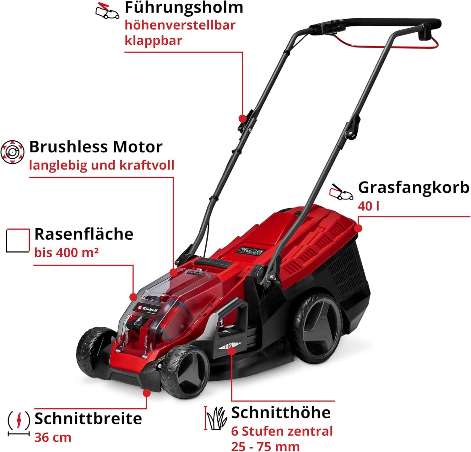 Einhell Akku-Rasenmäher GE-cm 36/36 Li Kit Power X-Change (36 V, 36 cm Schnittbreite, bis 400 m², Brushless, 40L Fangkorb, 25-75 mm Schnitthöhe, inkl. 2X 4,0 Ah Akku + 2X Ladegerät) 3