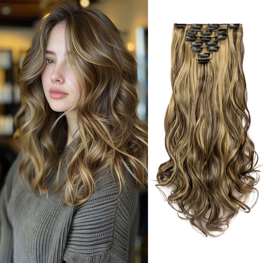 Swy Hair Clip in Hair Extensions Body Wave 22 inches 7Pcs 150g Straight Hair Synthetic Hair Extensions (W-Brown MIx Blonde, Wavy) โ image 1