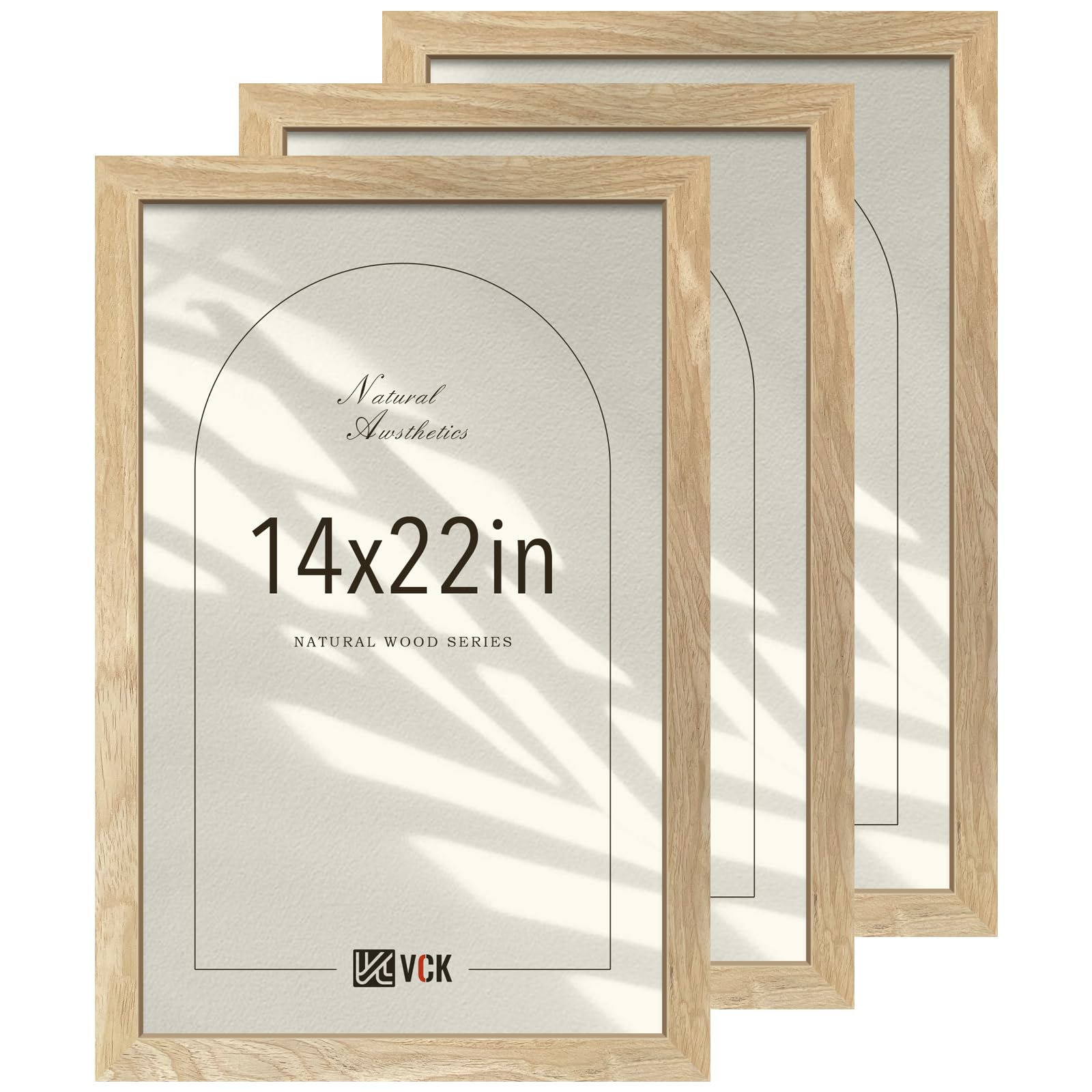 VCK 14x22 Picture Frame Set of 3, Natural Solid Wood, Exclusive Wood Grain Poster Frame, Wall Hanging Image