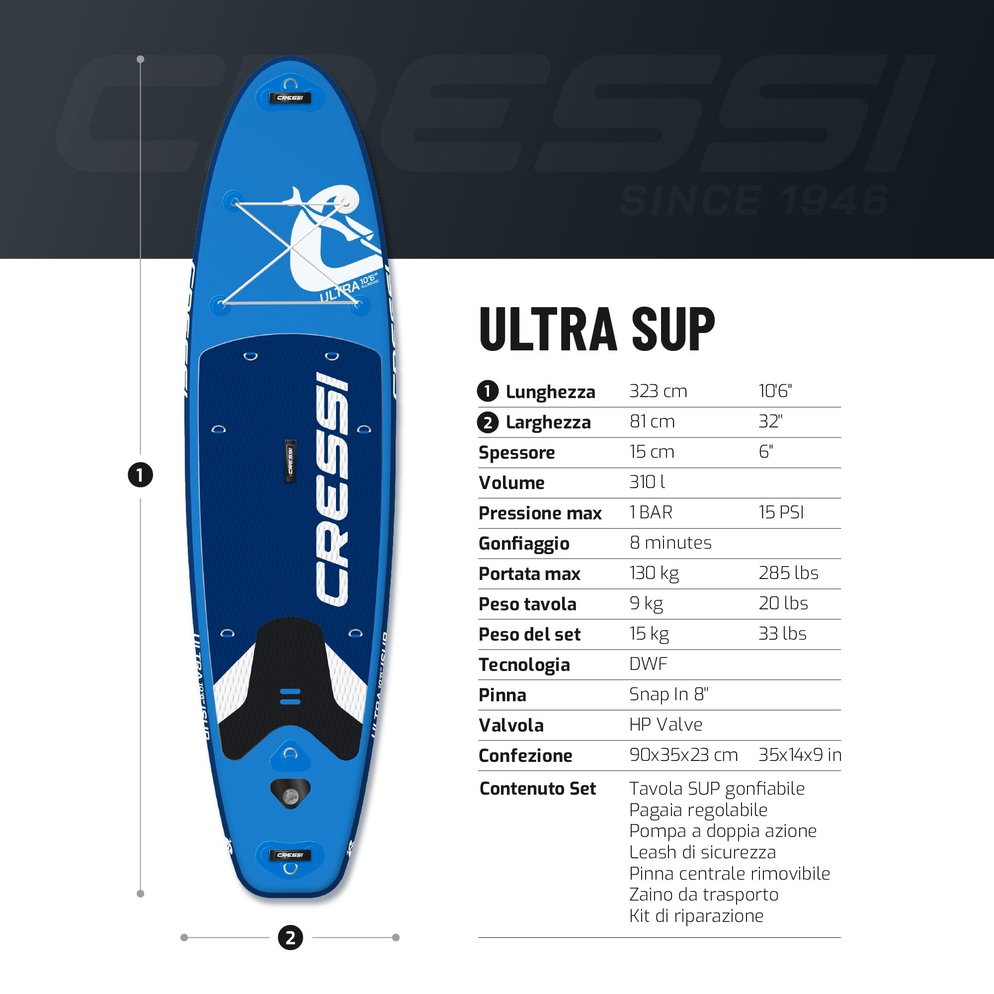 CRESSI seit 1946 - Ultra Isup Set - Aufblasbares SUP Board für Erwachsene Große Stabilität Strapazierfähigkeit Komplett Zubehör Paddel Flosse Pumpe Leine Tasche-Hellblau_320x81x15 cm Max 130 kg 5