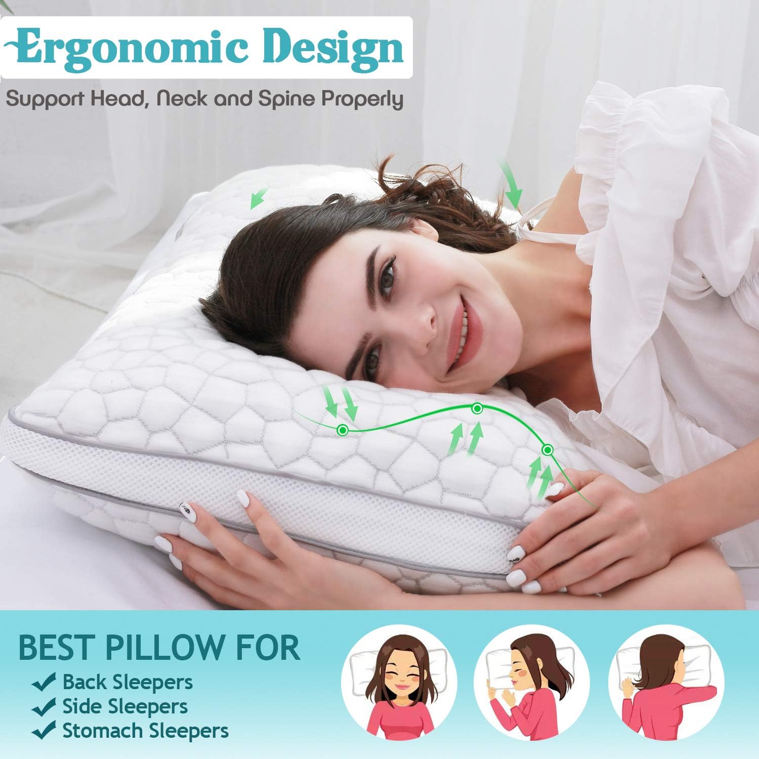 Shredded Memory Foam Pillows for Sleeping Cooling with Adjustable Loft Sleeping Bed Pillow for Side and Back Sleeper Hypoallergenic Pillow with Washable Pillow Cover (1Pack - Image 3