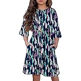 HOSIKA Girls Midi Dress Floral 3/4 Sleeve Ruffle A-line Swing Casual Dresses with Pockets for Kids 6-12 Years