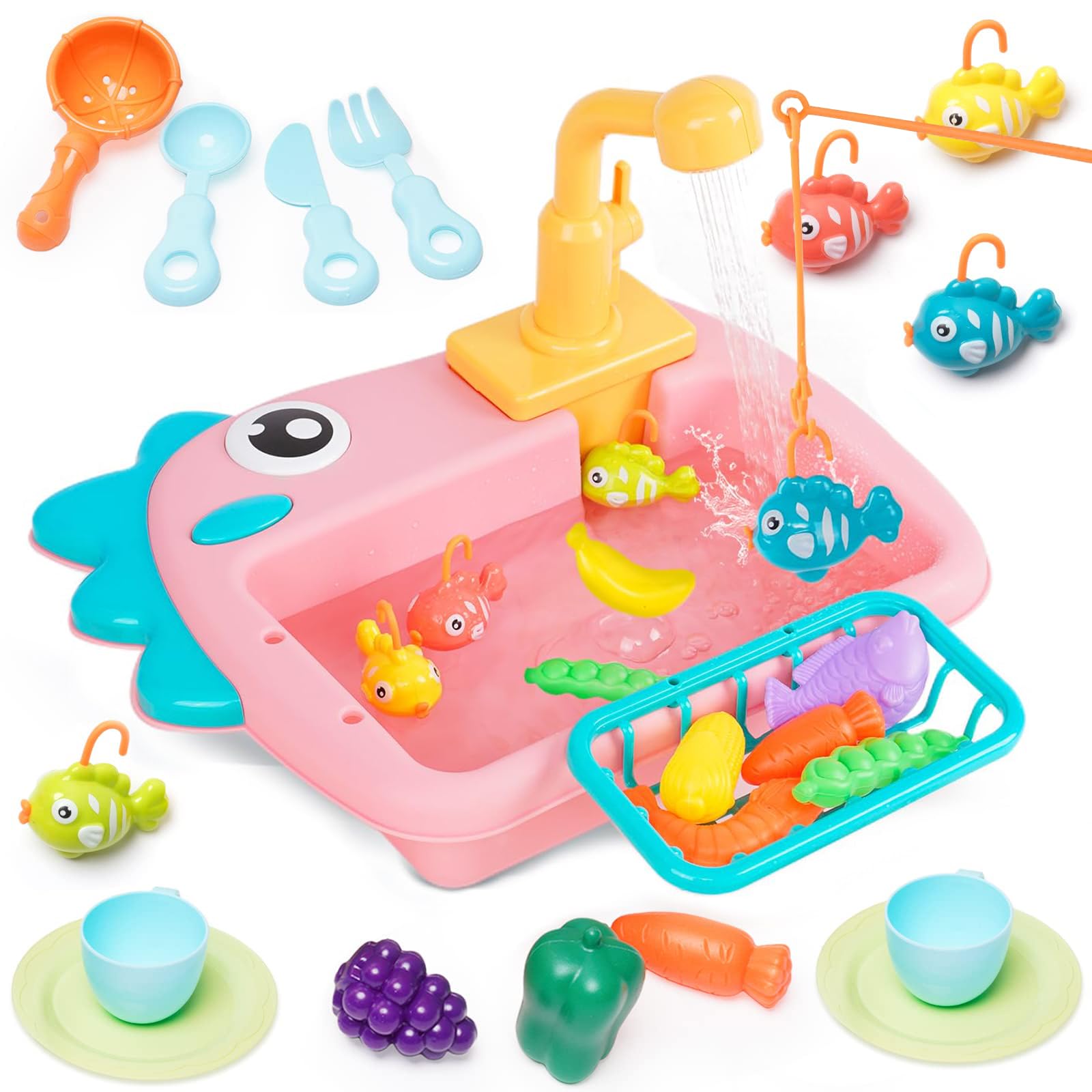 Kitchen Sink Toys Pretend Kitchen Toys for Kids with Tableware Accessories Vegetable Fruit Fishing Games for Toddlers Kids Kitchen Play Set with Running Water Gift for Girls and Boys Pink
