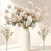 AMORISE 10pcs Begie Fake Flowers for Vase,50 Heads Faux Silk Mums with Eucalyptus,Artificial Flowers with Long Stem,Chrysanthemums for Wedding Centerpieces Floral Arrangements Vase Fillers Home Decor