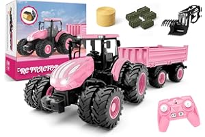 UARZT Remote Control Tractor Toy [2025] Kids RC Tractor Set & Truck and Trailer Front Loader - Metal Car Head/8 Wheel/Light, Toddlers Farm Vehicle Toys for 3 4 5 6 7 8 9 Year Old Girls Birthday Gift, Pink