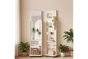 Rotating Full Length Mirror with DIY Shelf and Hooks, Floor Standing Mirror with Wood Coat Rack, 360° Swivel Storage Base, Mu