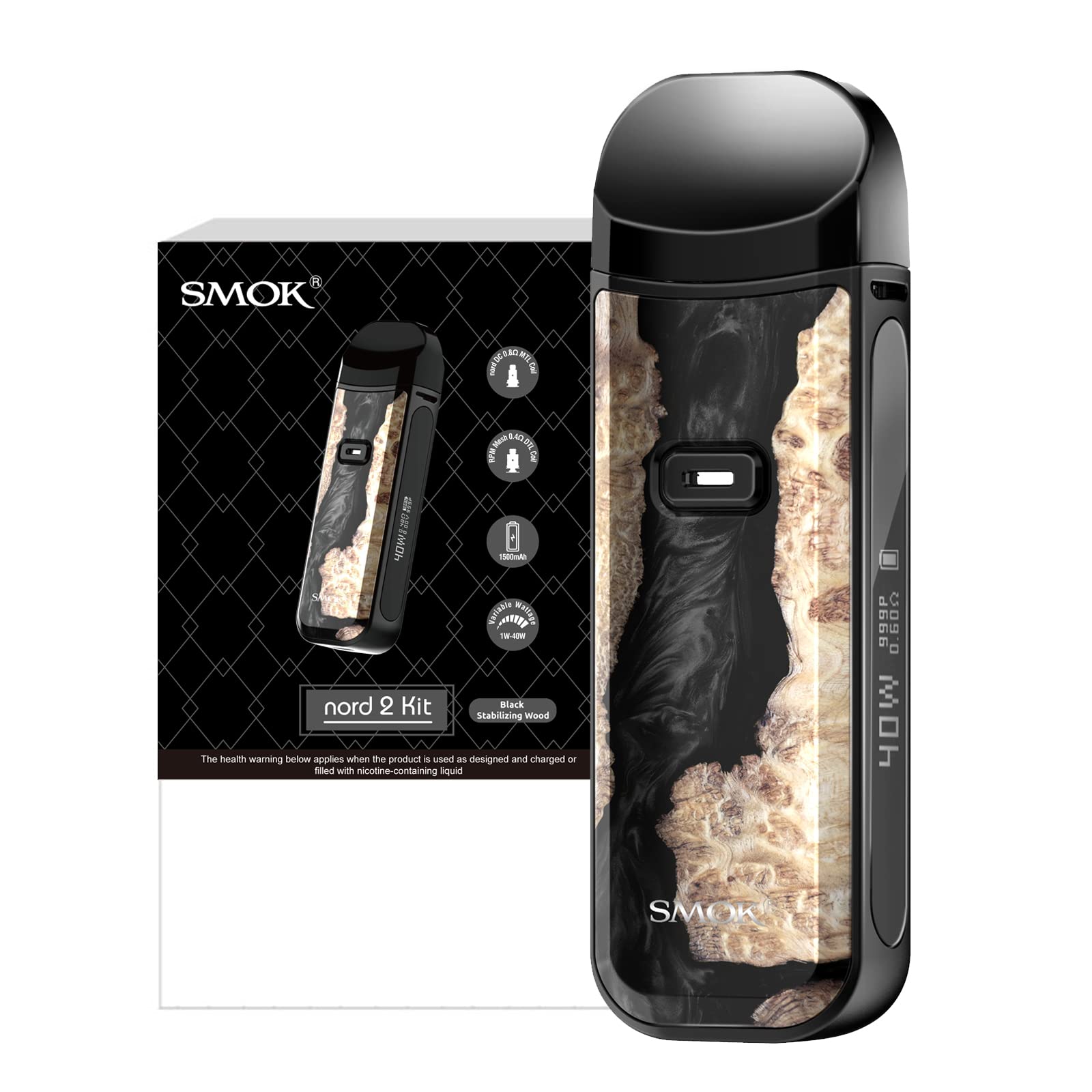SMOK NORD 2 Vape Kit Black Stabilizing Wood 1500mAh Rechargeable Beginner Friendly E Cigarette Mod Compatible Nord Coils 2ml Pod No Nicotine