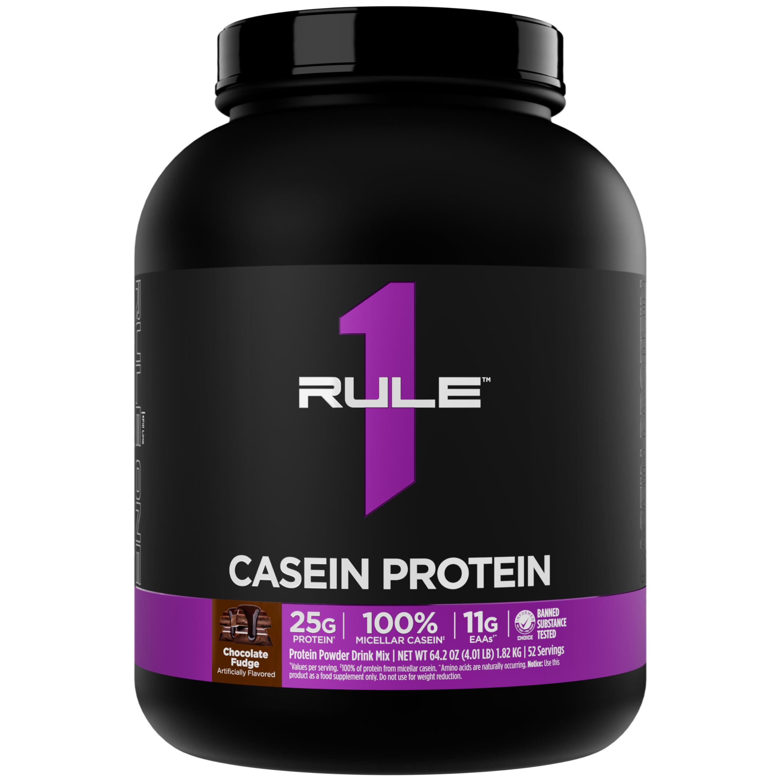 Rule 1 Casein Protein - 25g Protein and 11g EAAs Per Serving from Slow-Release Micellar Casein for Overnight Recovery and Sustained Delivery Between Meals (4 Pounds*, Chocolate Fudge)