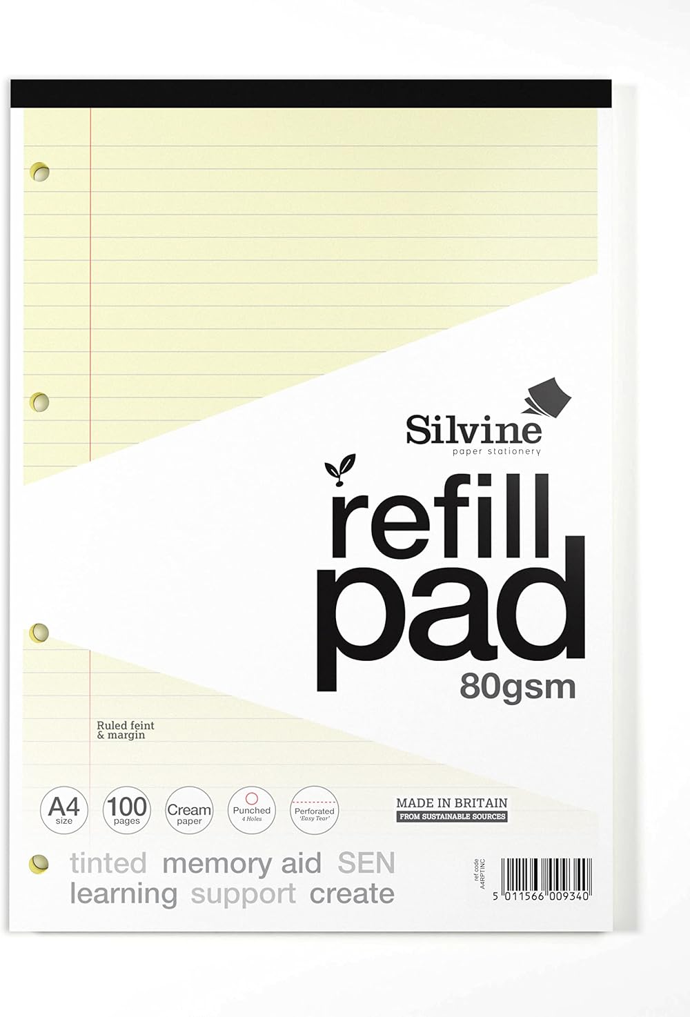 Silvine A4 Cream Dyslexia Refill Pad 100 Pages Lined with Margin
