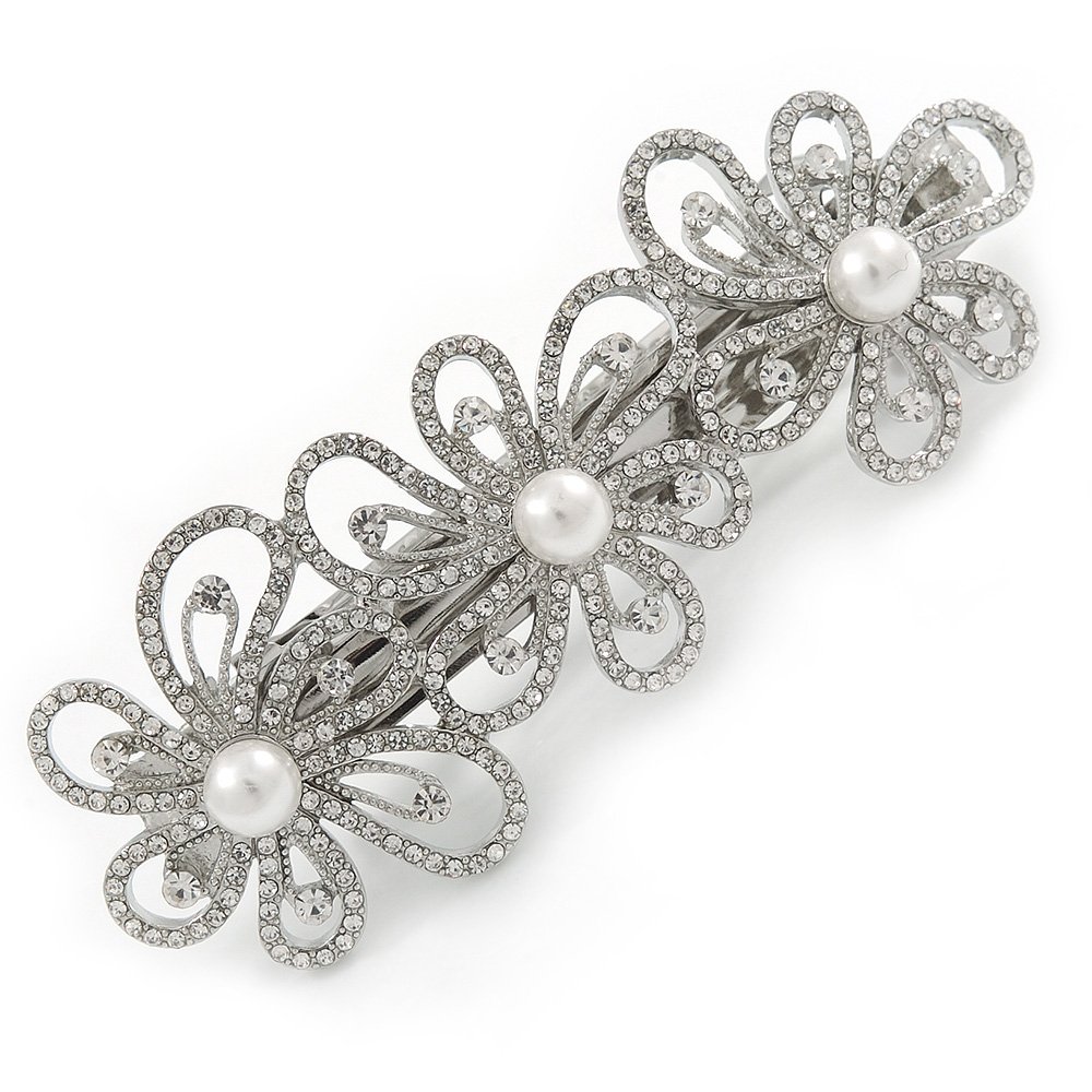 Silver Tone Open Cut Clear Crystal, White Glass Pearl Flower Barrette Hair Clip Grip - 85mm Across
