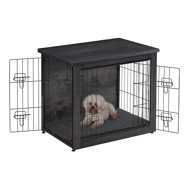 DWANTON DOG CRATE FURNITURE WITH CUSHION, WOODEN KENNEL TABLE WITH DOUBLE DOORS, INDOOR DOG HOUSE, SMALL/MEDIUM/LARGE/EXTRA LARGE SIZE, 27.2″ L, DARK GRAY