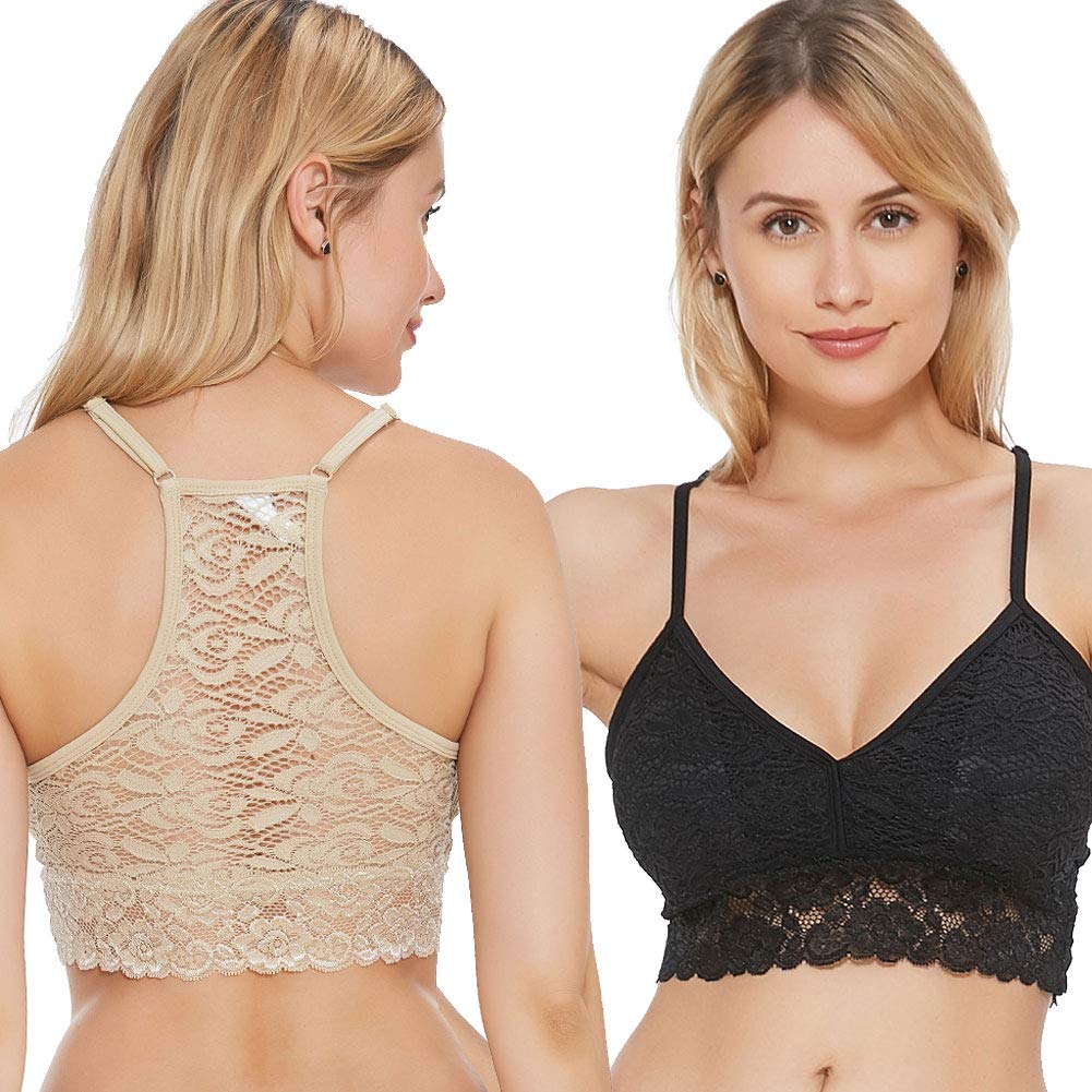 JOJOANS Ultra-Light and Breathable Lace Bra 2 Pack for Women (Black/Nude,L)
