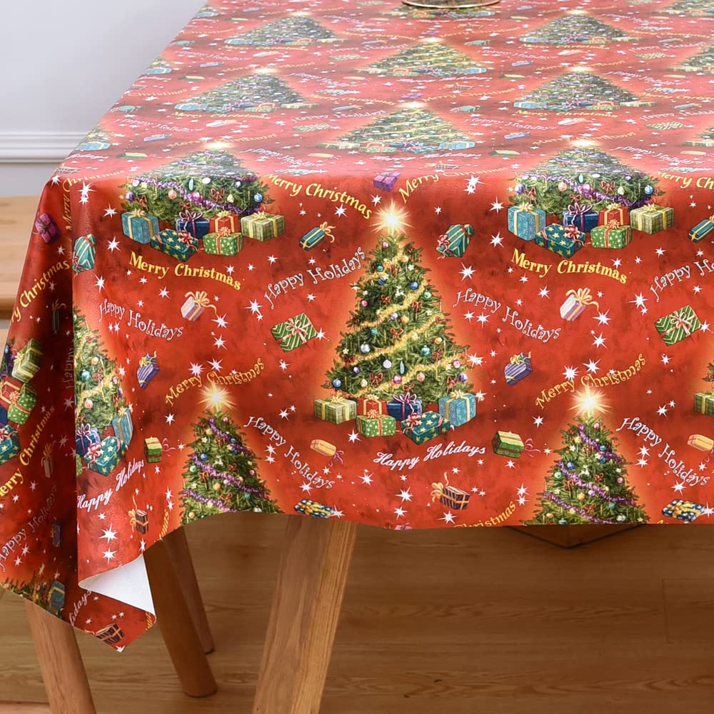 Yofori Christmas Table Cloth Wipe Clean PVC Xmas Tablecloth Rectangle Red Plastic Table Cover Waterproof Wipeable Vinyl Oilcloth for Spring festival New Year Dining Party (Christmas Trees, 137x250cm) — image 1