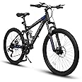 Rycheer Ecarpat 24/26/27.5 Inch Mountain Bike, Dual/Front Suspension Mens Mountain Bike with 21 Speeds High-Carbon Steel Frame and Disc/V Brakes, Adult Sport Bicycle for Trail Snow Commuter City Road
