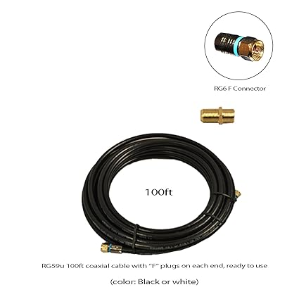 RG59u Coaxial Cable w/ connectors, 100ft